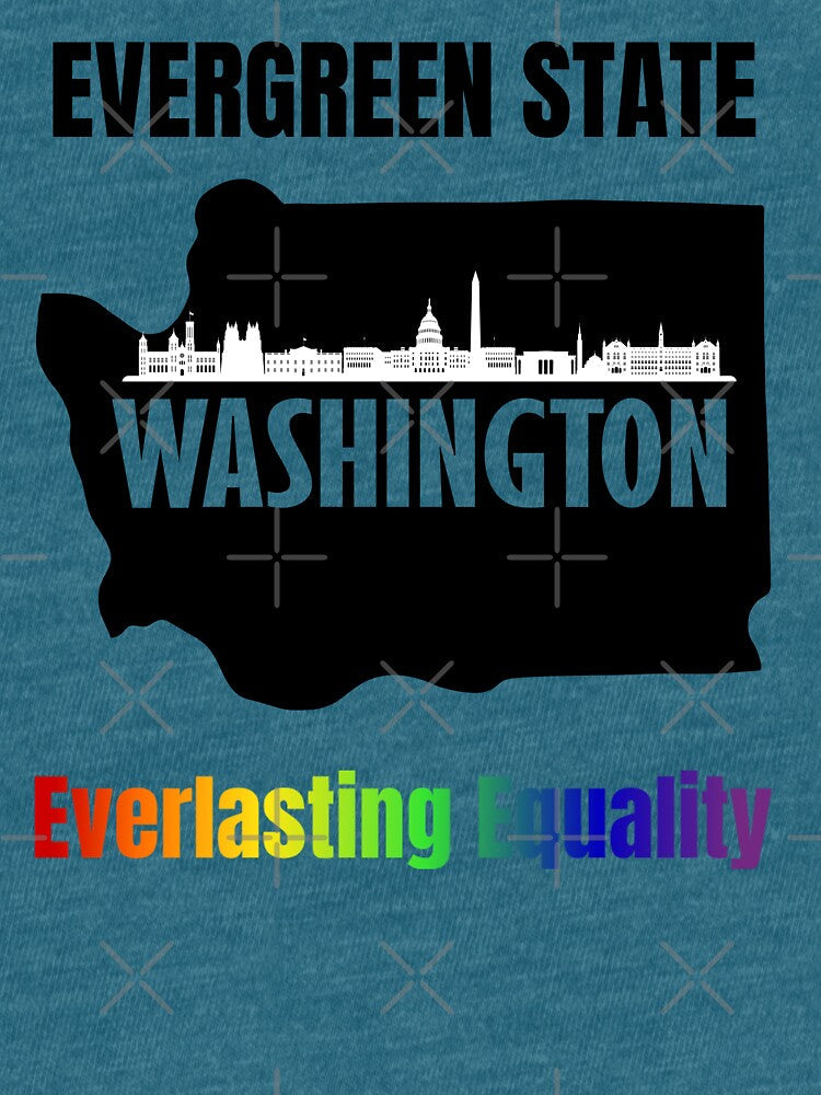 Map of Washington with skyline and slogan with rainbow color text. LGBTQ+ tees, Positive slogan Tees, evergreen state Washington everlasting equality, slogan by PrideBeProud