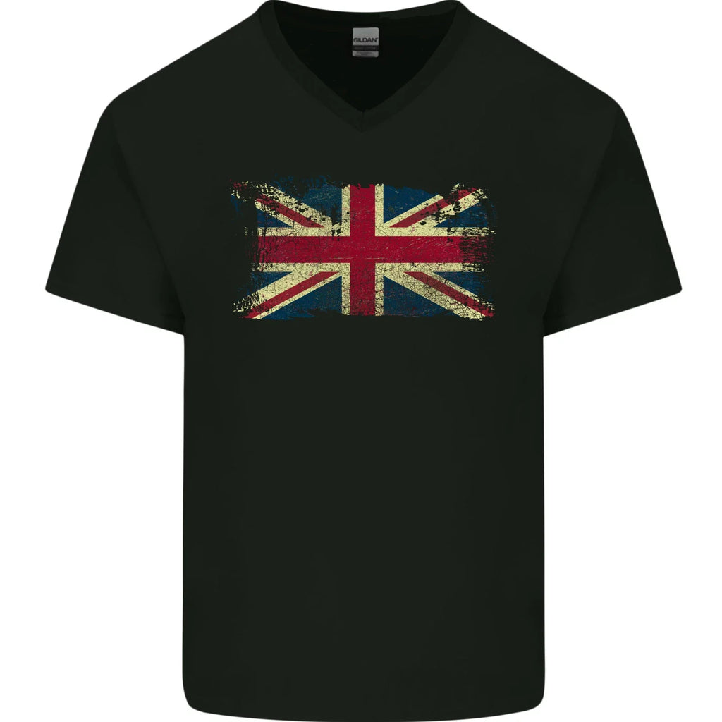 Distressed Great Britain Flag Union Jack UK Mens V-Neck Cotton T-Shirt