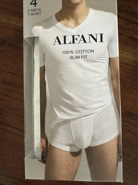 Alfani Men’s 4-Pack Slim Fit V-Neck Cotton Undershirts T-Shirt White Small