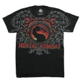 Mortal Kombat New Adult T-Shirt - Logo In Chained Portrait Among Gray Flowers