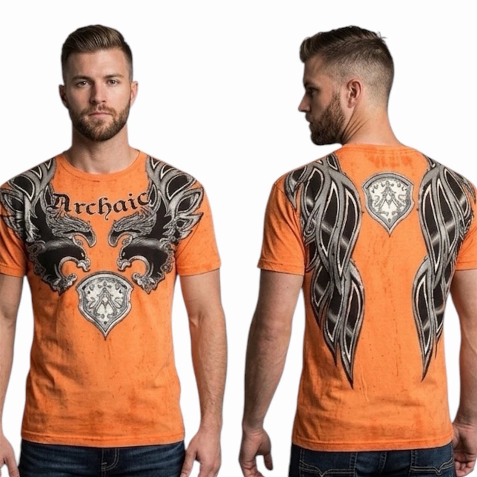 ARCHAIC by AFFLICTION Orange RIDE IT Wings Short Sleeve Slim Fit Y2K T-shirt NWT