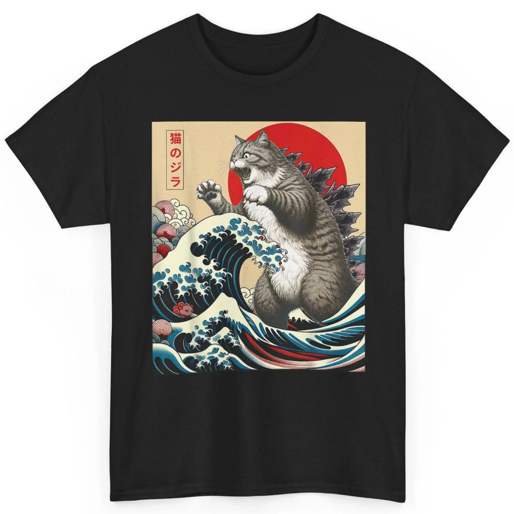 Catzilla Cat Funny T Shirt Japanese Art Ocean Waves Humor Horror Graphic Tee