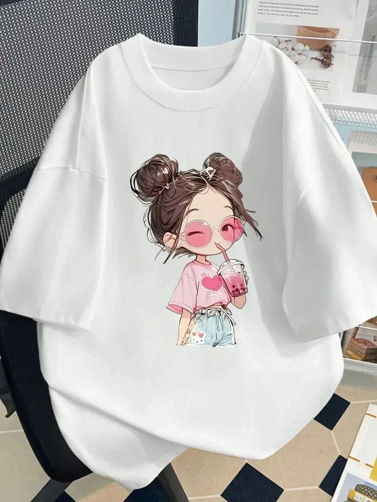 Cute Cartoon Girl T-Shirt  Kawaii Graphic Tee Oversize Casual