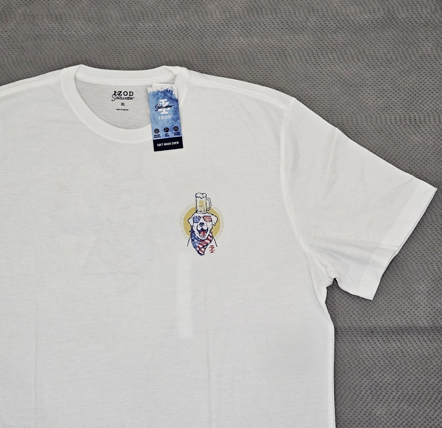 NWT Izod Saltwater 4th Of July White Tee Dog Beer Sunny Times Crew Neck  Size XL