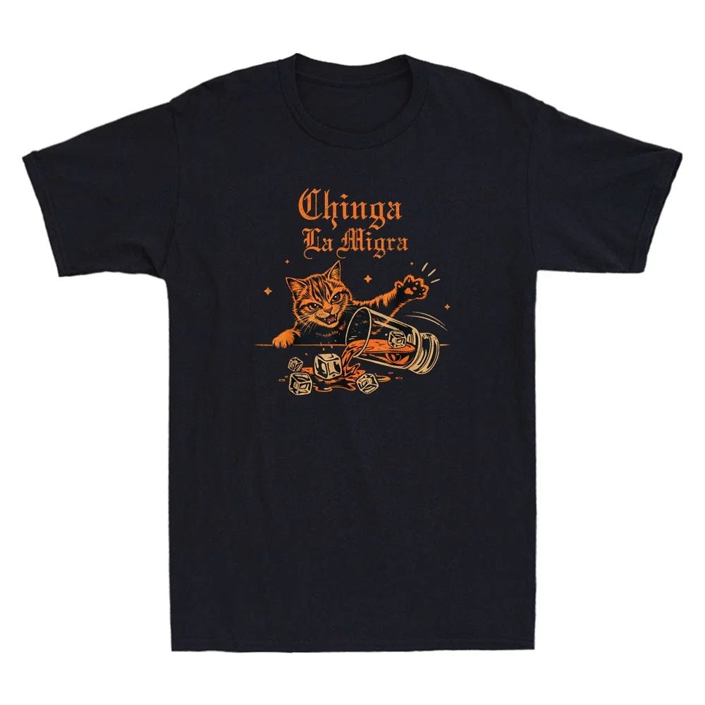 Chinga La Migra Cat Sarcastic Quote Funny Gothic Cat Art Vintage Men's T-Shirt