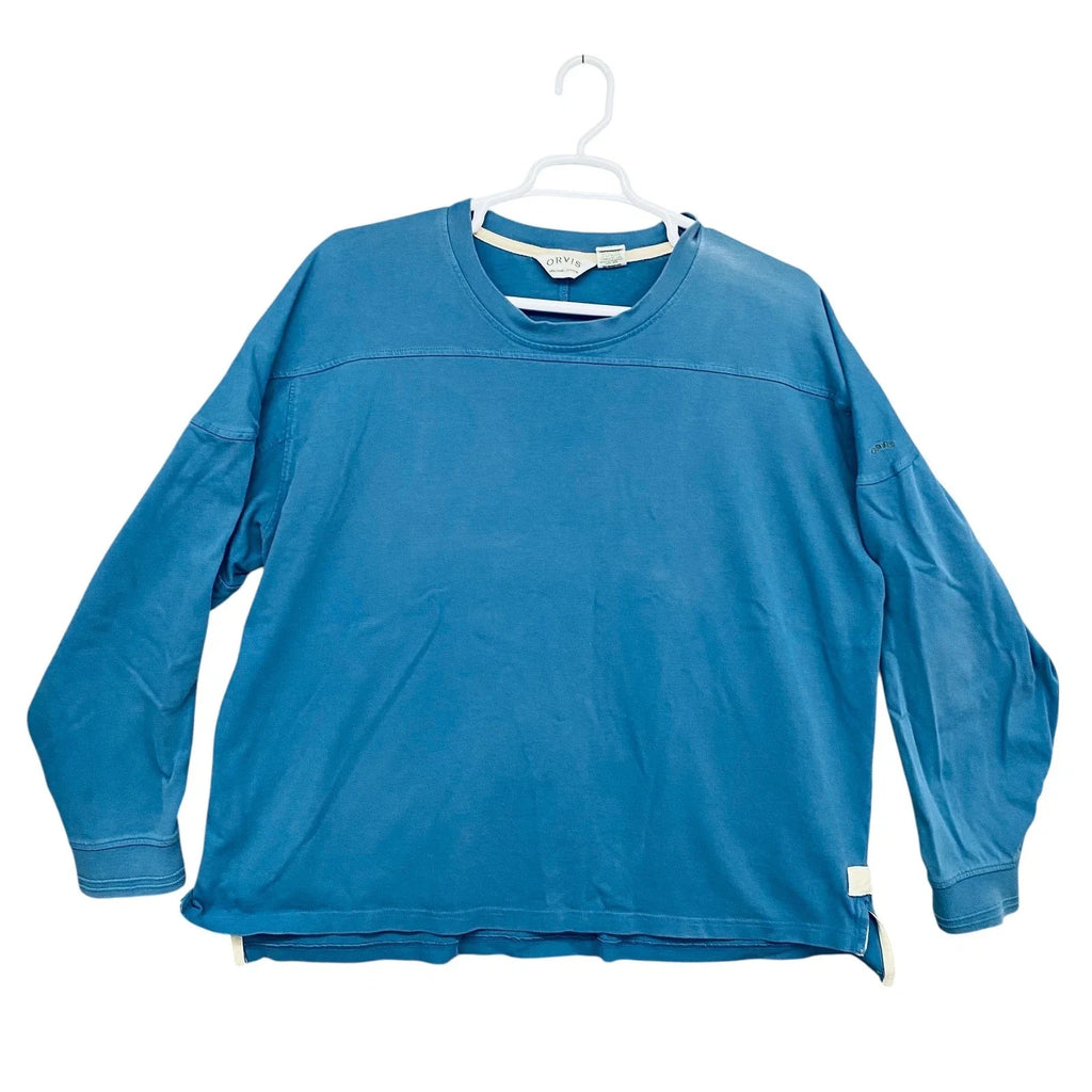 Orvis Organic Cotton Long Sleeve Shirt Blue XXL Drop Shoulder Crew Neck Mens