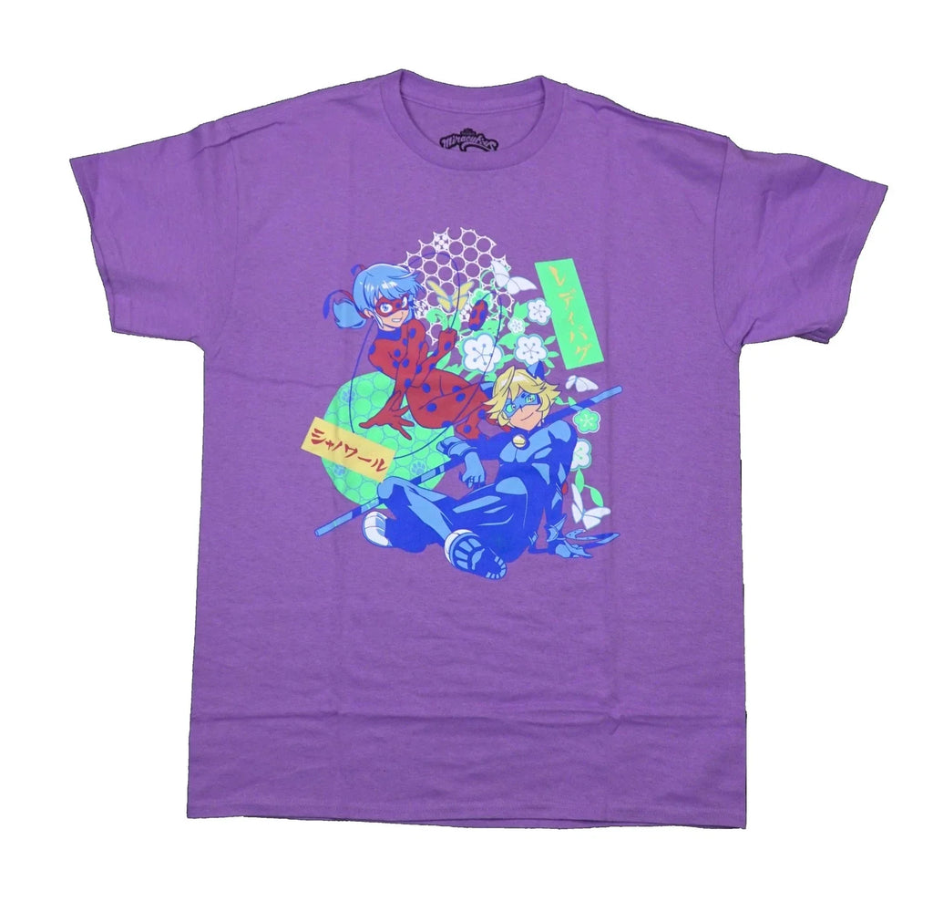 Miraculous  New Adult T-Shirt - Lady Bug & Cat Noir Posing Flowers Butterflies