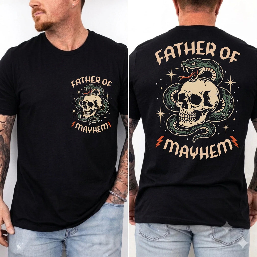 Father of Mayhem T-Shirt, Mother of Mayhem Shirt, Tattoo Style Skull Snake Tee