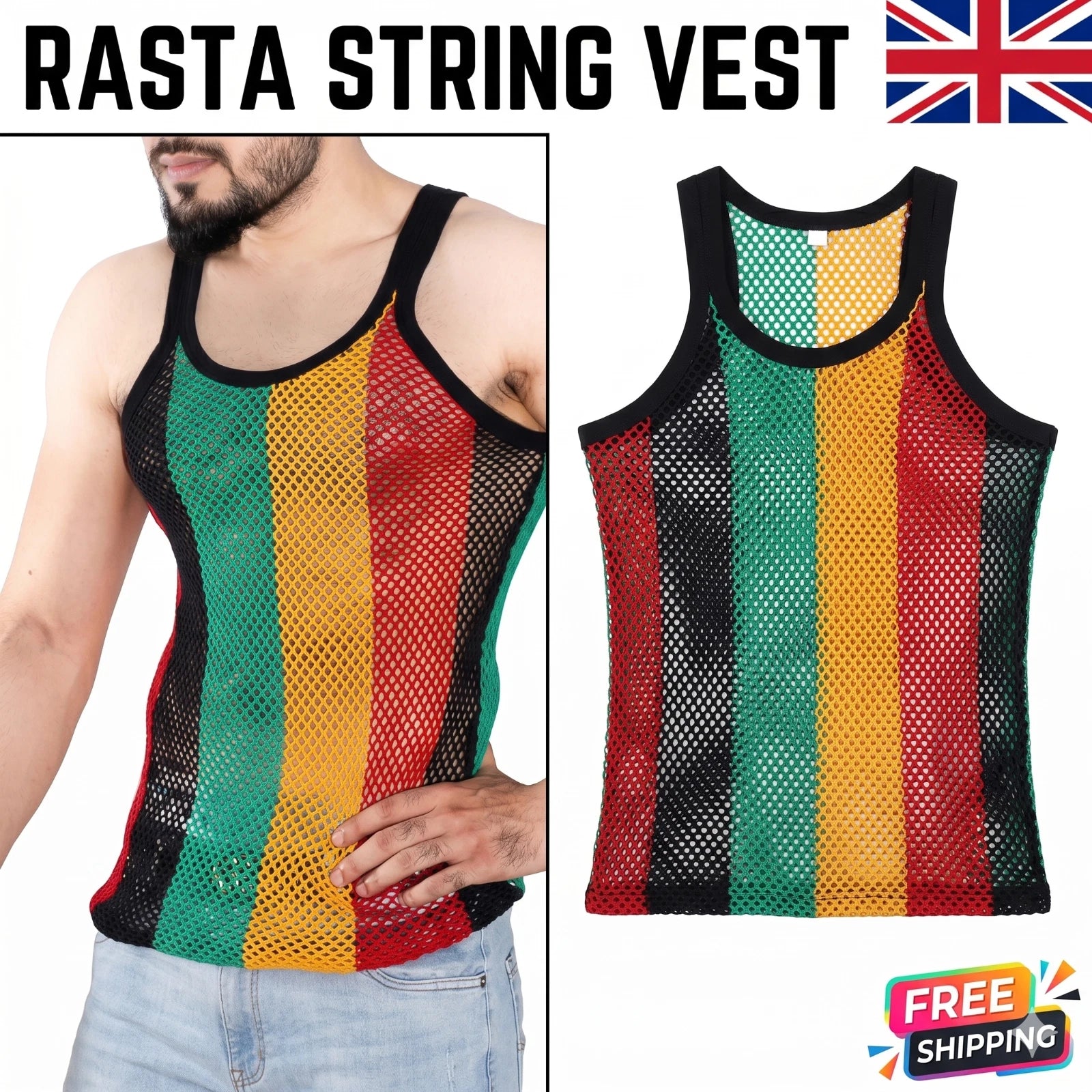 Men Rasta String Vest 100% Cotton  Mesh Fishnet Fitted Tank Top Reggae Style 2XL