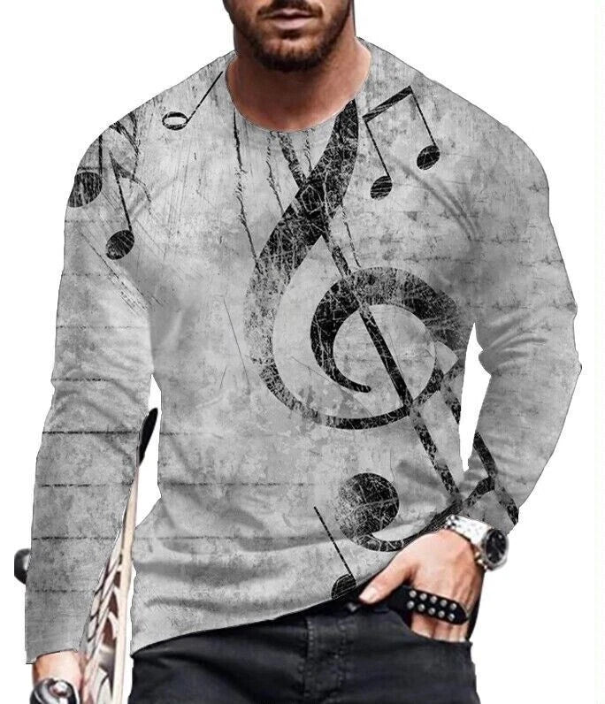 T Shirt Men Musical Note Music G Treble Clef Wicking Long Sleeve Gray Silky Soft