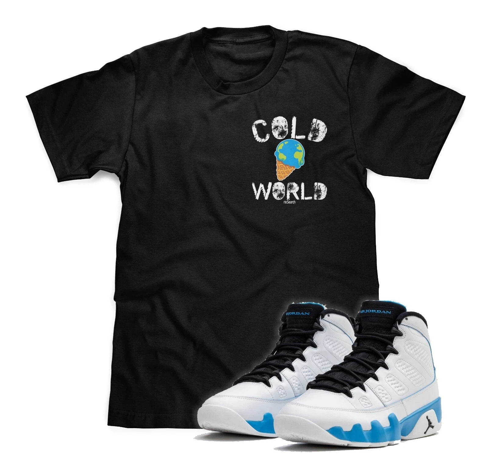Cold World Black Tee Matches Air Jordan 9 Powder Blue Sneakers (FREE SHIPPING)