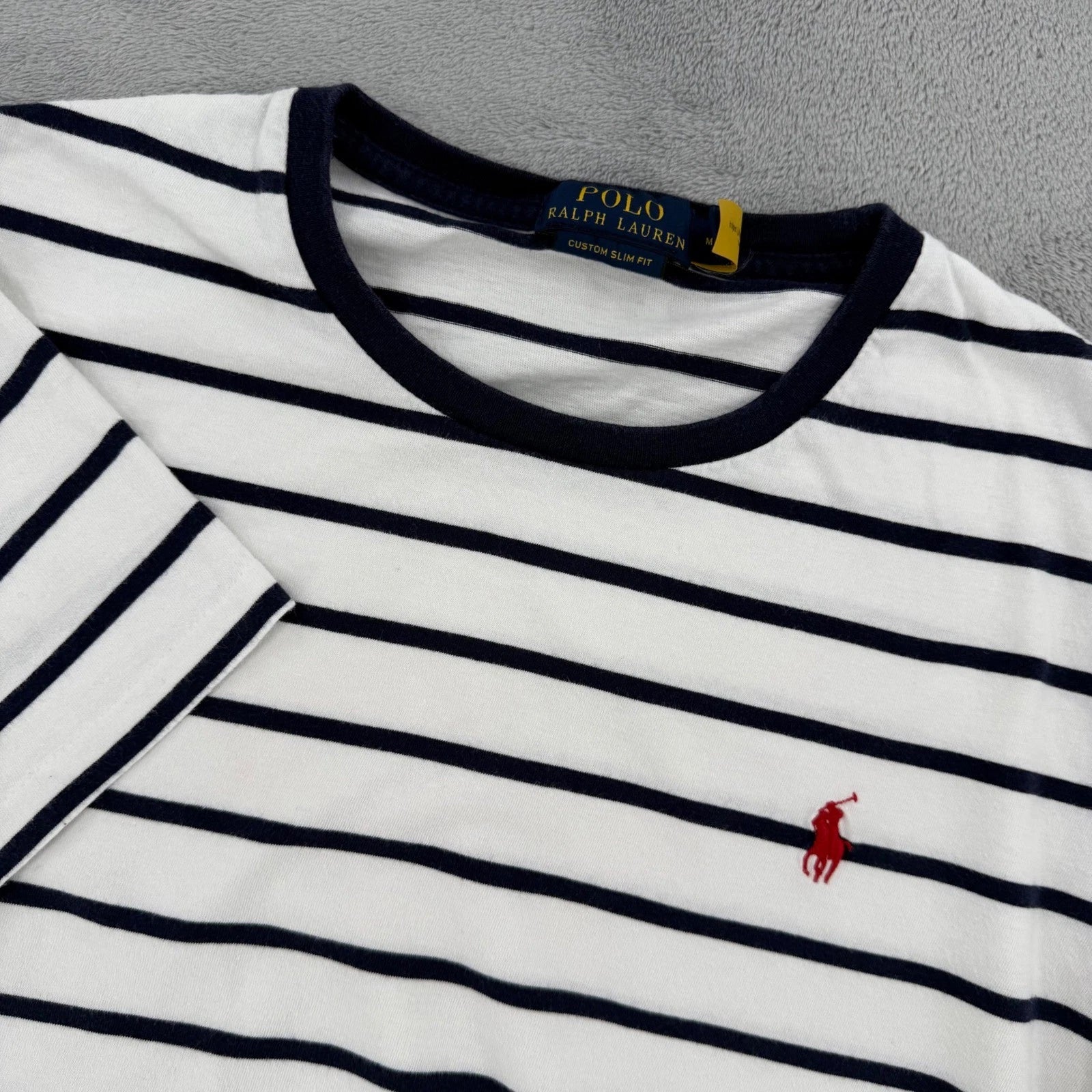 Polo Ralph Lauren T-Shirt Medium Mens Custom Slim Fit Striped White Navy Blue