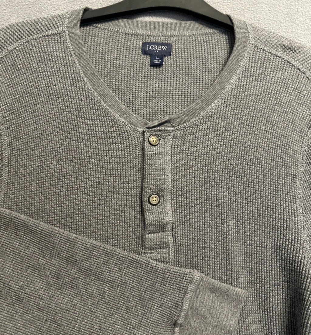J. Crew Waffle Knit Thermal Henley Shirt Long Sleeve Mens L Gray Casual Preppy