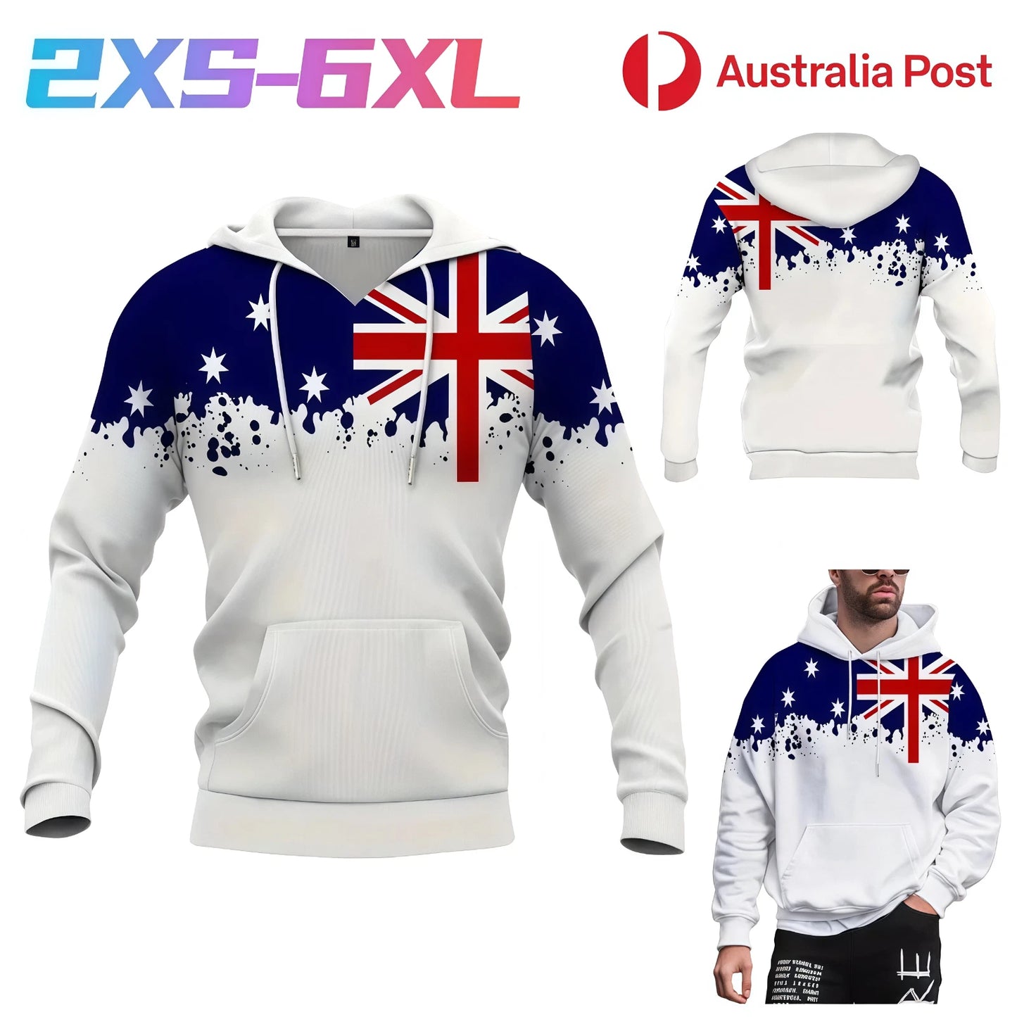 Mens Australian Shirt 3D Print Pullover Long Sleeve Breathable Winter Hooded AU