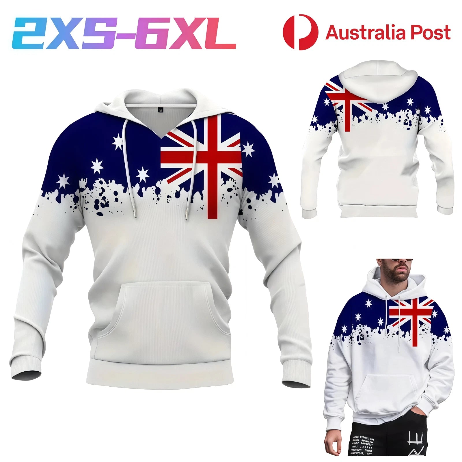 Mens Australian Shirt 3D Print Pullover Long Sleeve Breathable Winter Hooded AU