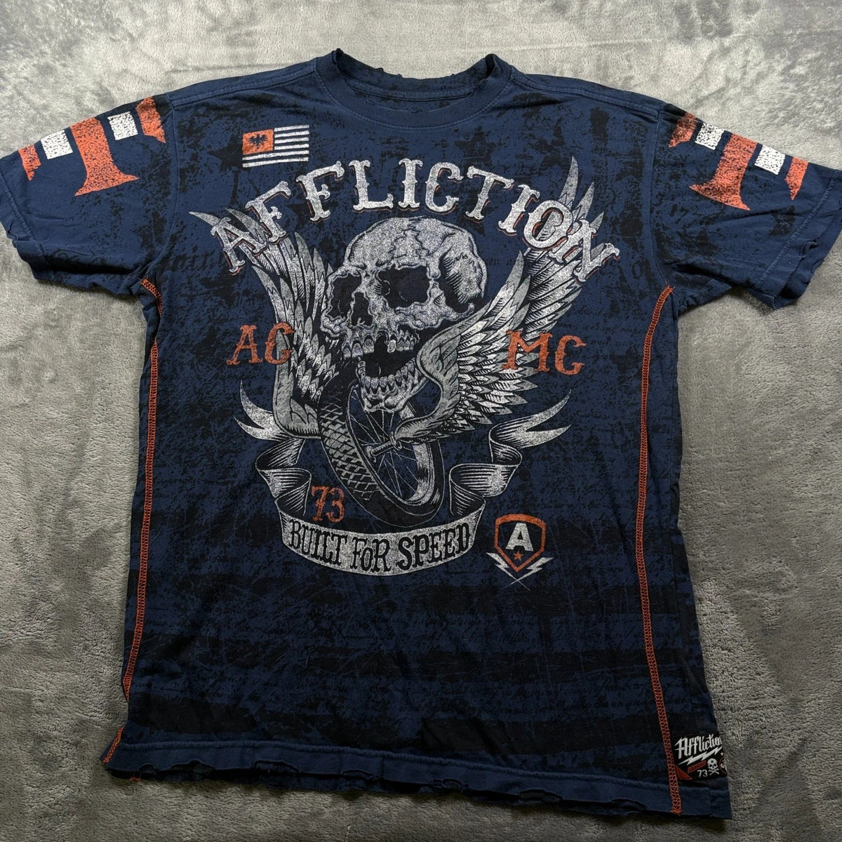 Affliction American Customs Wings Of Fury T-Shirt Mens Large Navy Blue Graphic