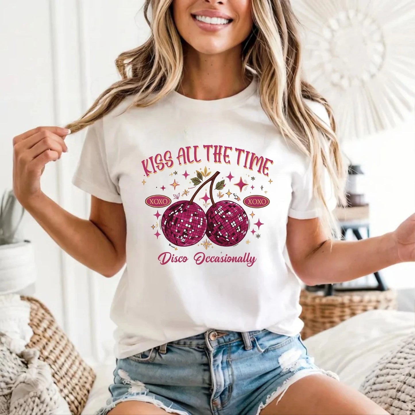 Kiss All The Time Disco Occasionally Cherry T-Shirt - Disco Party Unisex Tee Top