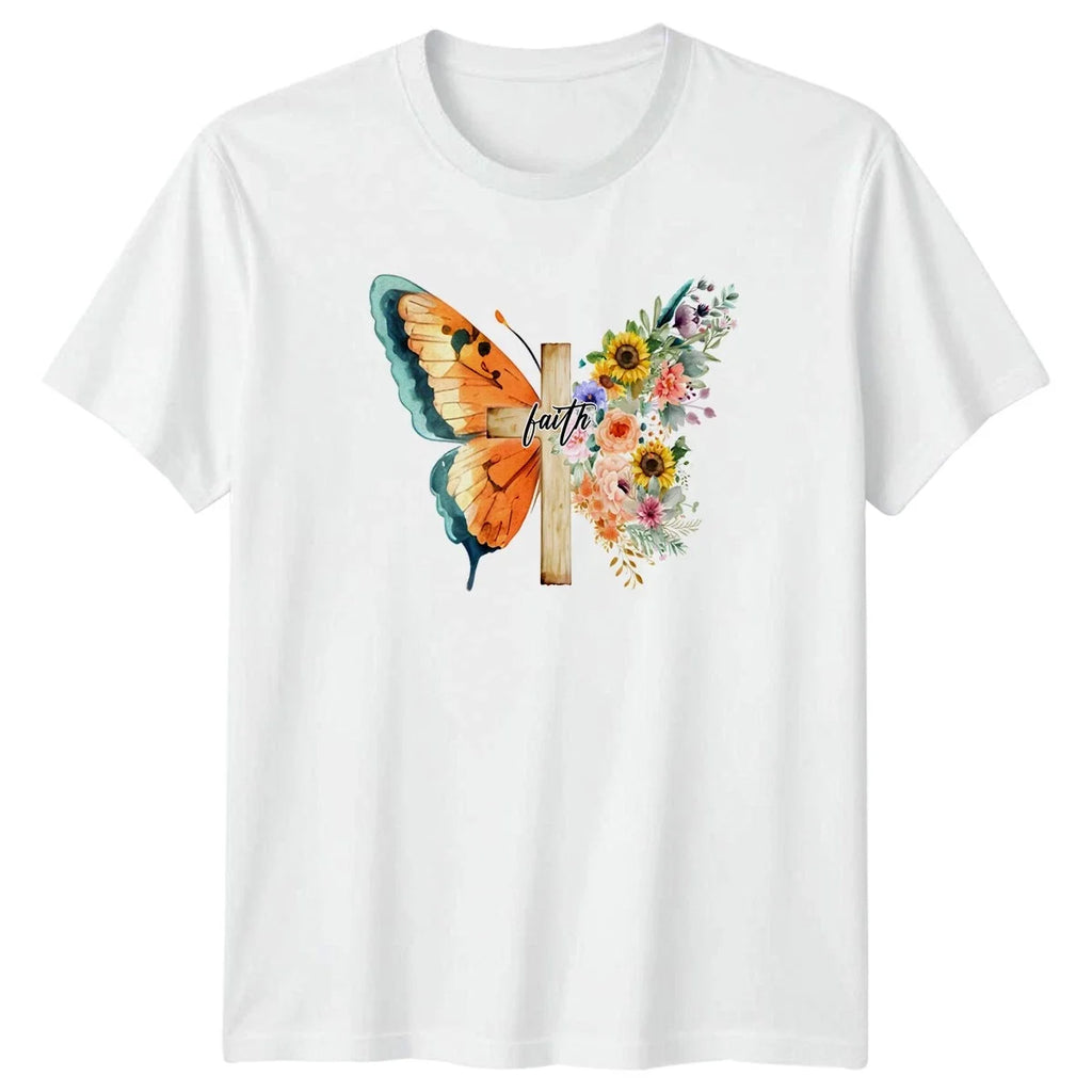 Faith Womens T-Shirt Floral Butterfly Christian Birthday Gift For Her
