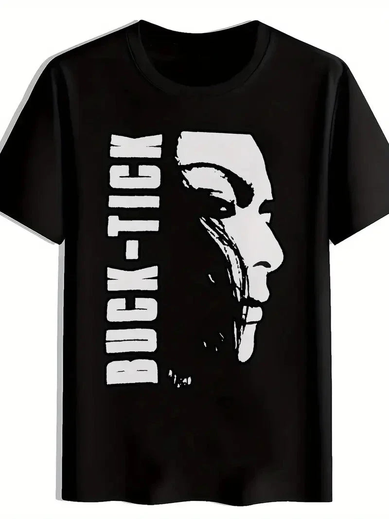 Men'S Black T-Shirt with "BUCK-TICK" Graphic Print - Retro Rock Band Design, Sho