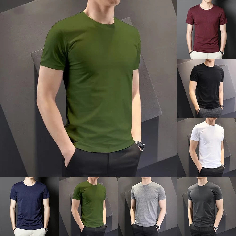 Short Sleeve Round Neck Slim Fit Men T-Shirt for Warm Weather or Indoor Wear