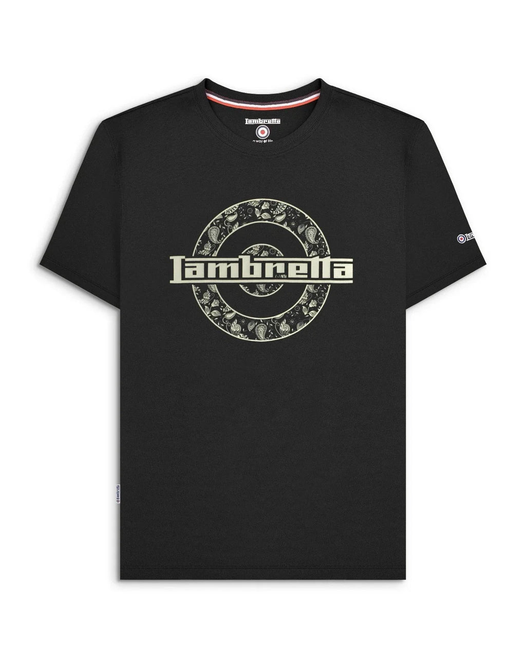 Lambretta Mens Black Paisley Target Logo Smart Classic Retro T-Shirt