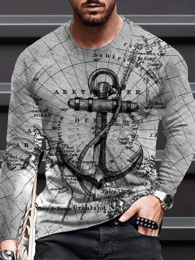 T-Shirt Men Long Sleeve Black Gray Nautical Anchor Print Tee USA Size Activewear