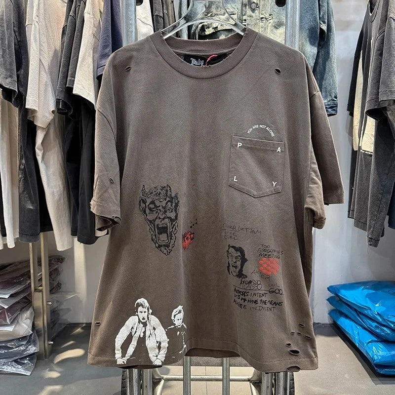 You Are Not Alone Chest Pocket Short Sleeve Paly Brown Washed Cotton T Shirt