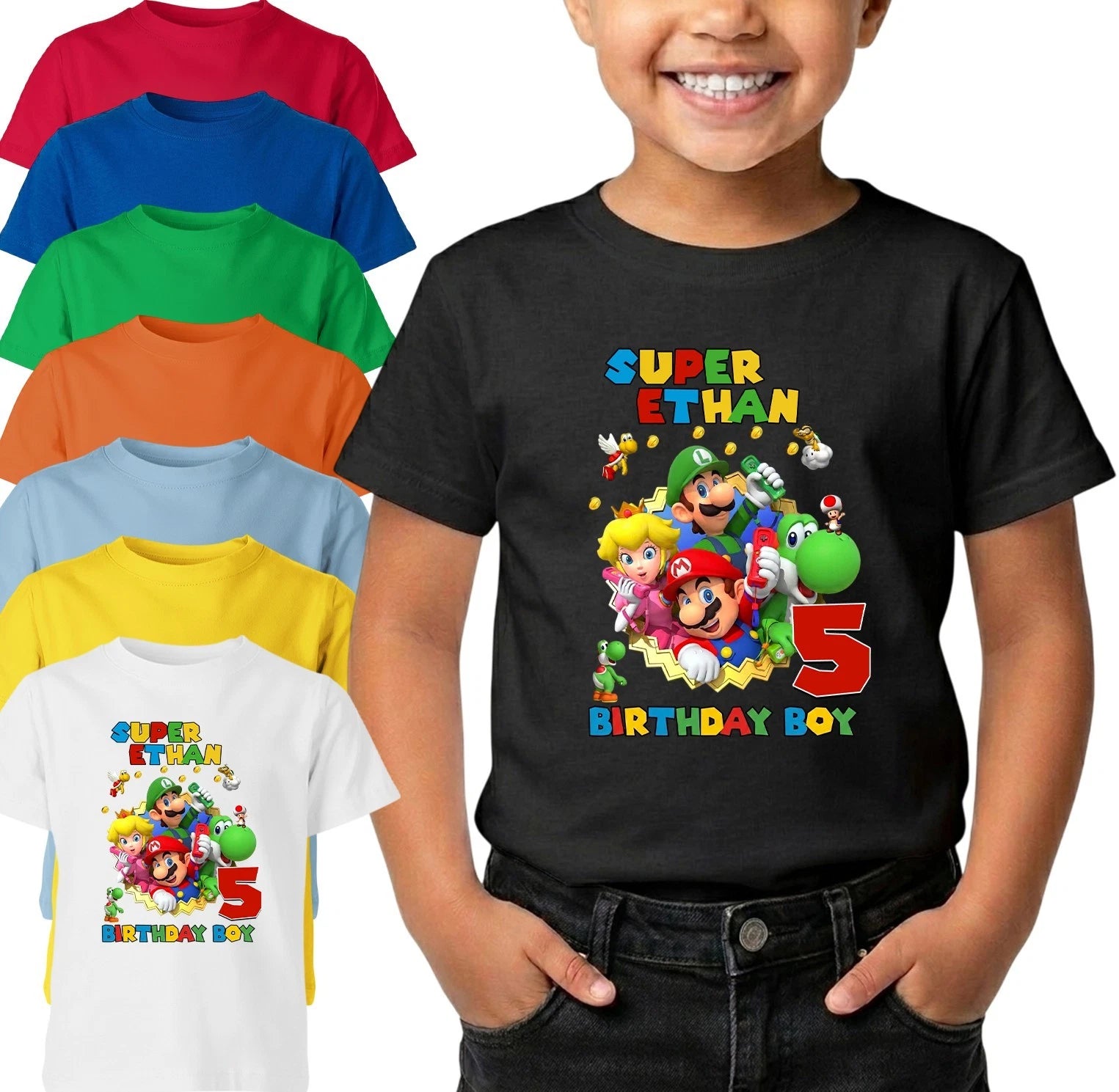 Personalised Super Mario Your Age Birthday Boy Custom Kids T-Shirts
