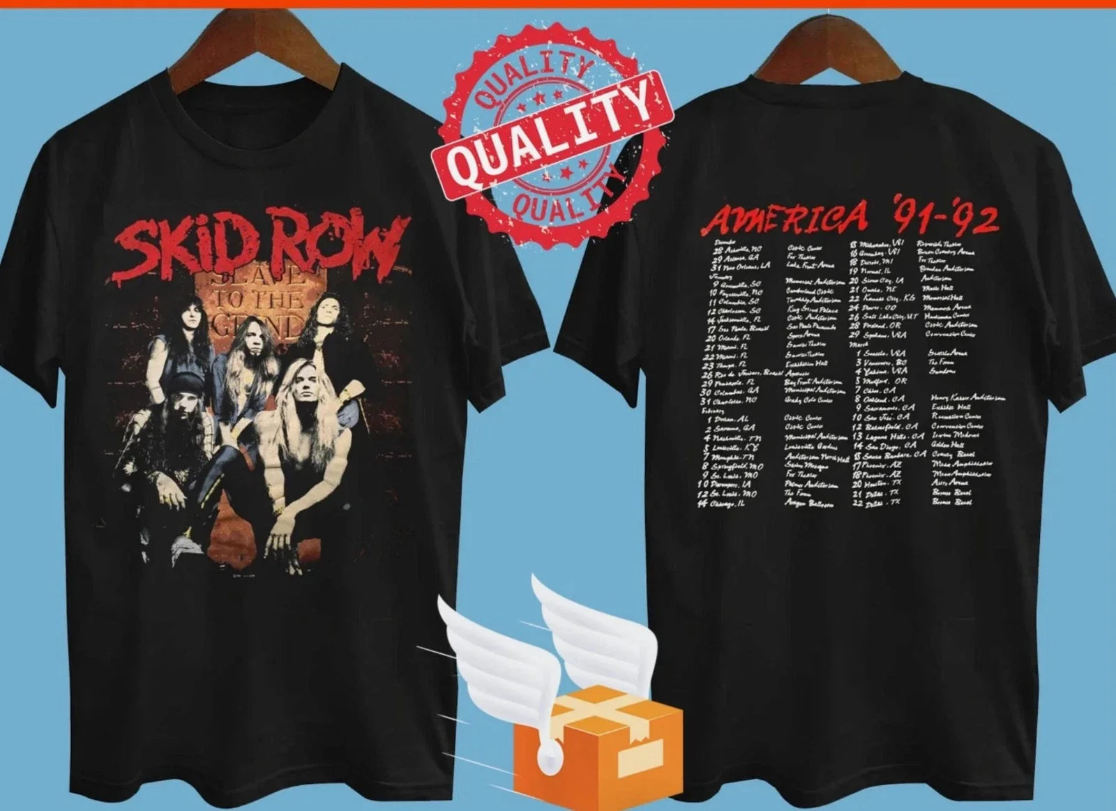 Skid Row 1992 Tour 2 Side Black T-Shirt All Size