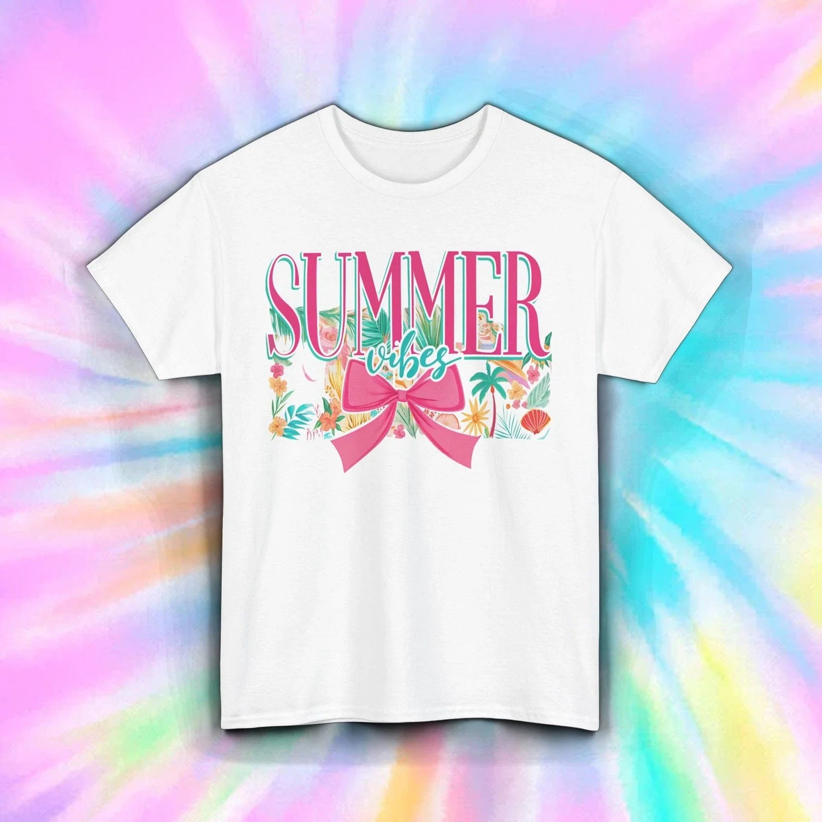 Summer Vibes Shirt Pink Bow Floral Beach Vacation Coastal Fun Tee S-5XL