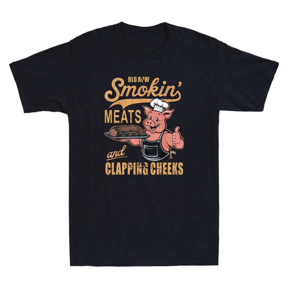 Old Row Smokin Meats And Clapping Cheeks Funny Pig Chef Meme Retro Men's T-Shirt