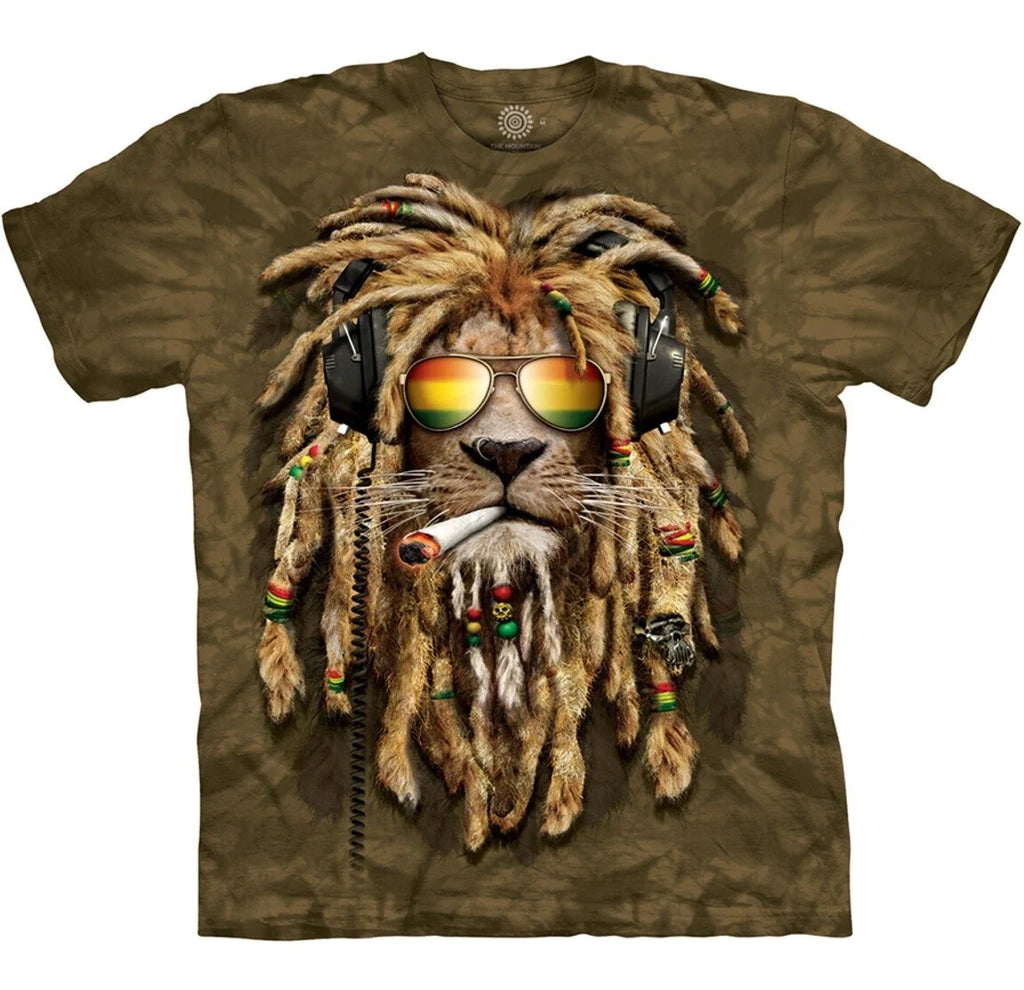 DJ Jahman Rasta Lion Smoking Headphones Sunglasses Green T-Shirt Mountain S-3X