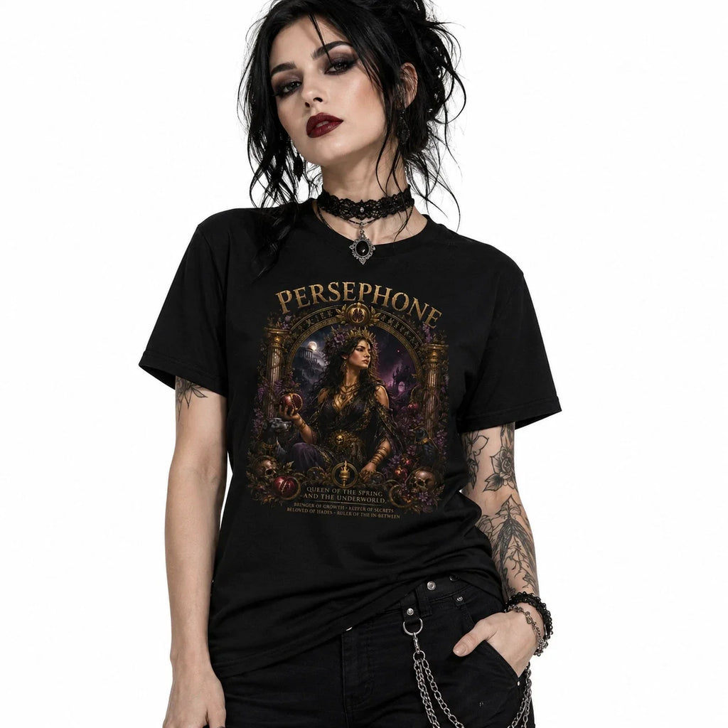 Persephone Goddess T Shirt Dark Floral Greek Mythology Graphic Tee