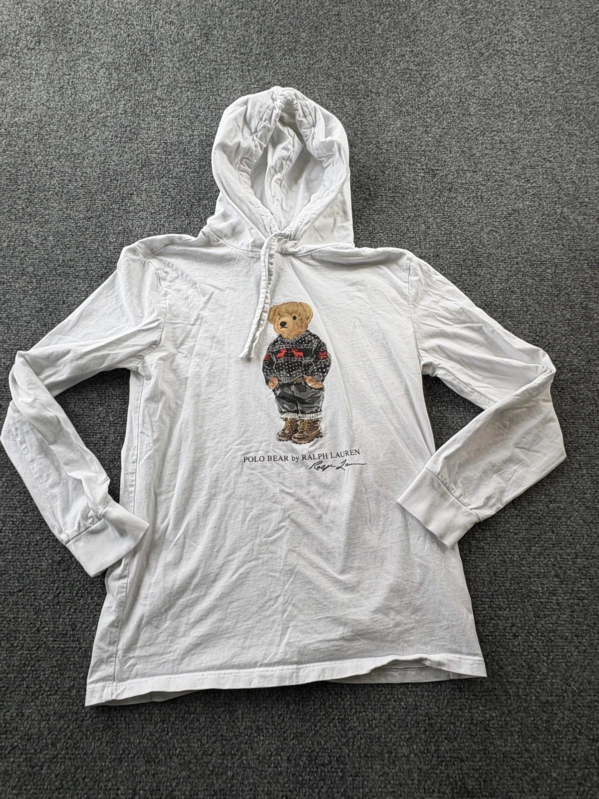 Polo Ralph Lauren Shirt Mens XS White Long Sleeve Hooded Polo Bear Graphic