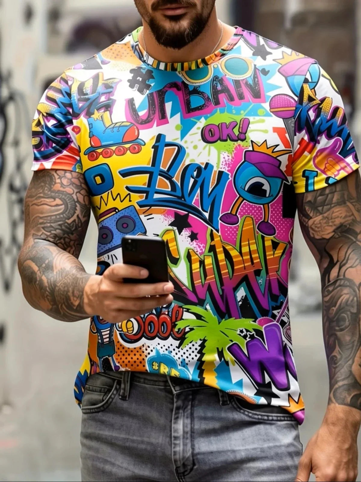 new Men's Short Sleeve Crew Neck T-Shirt – Digital Graffiti & Cartoon Print,