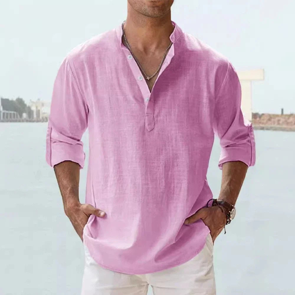 Men's Standing Collar Long Sleeved T-Shirt Loose Sweatshirt Cotton Linen Shirt