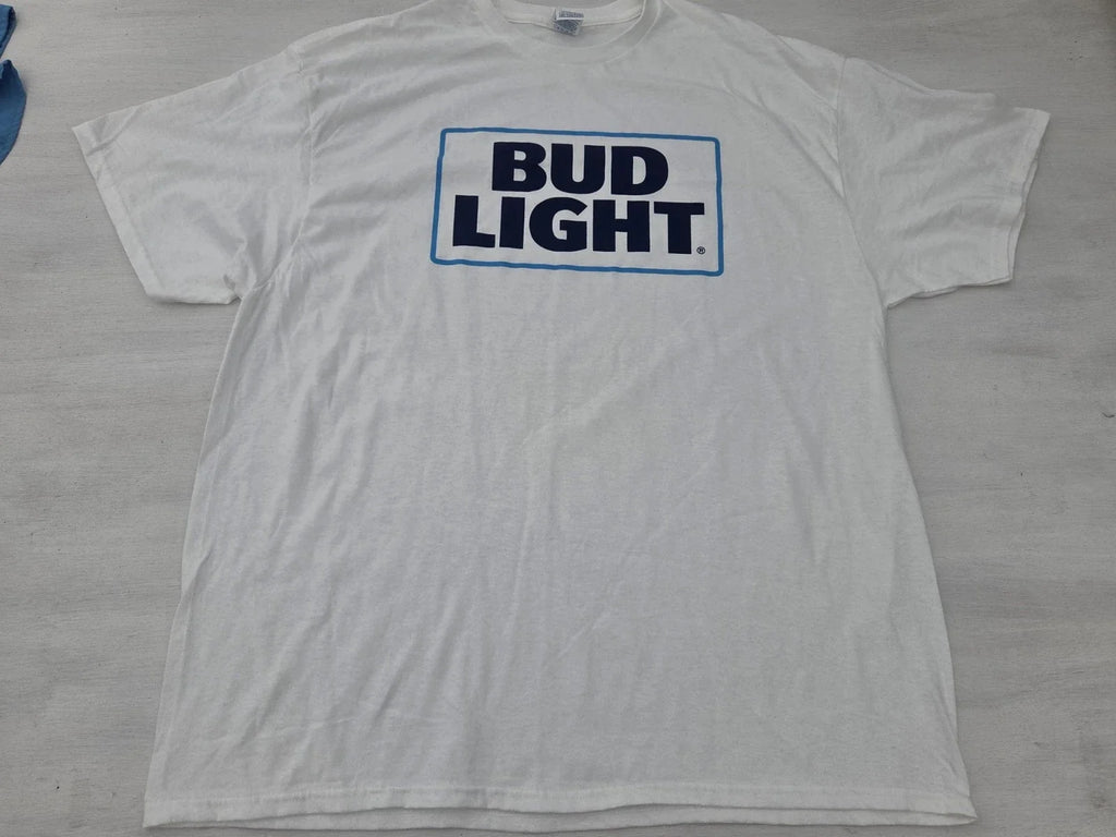 Bud Light T-Shirt Sz 2XL Classic White Blue Crew Neck Tee Short Sleeve Beer Logo