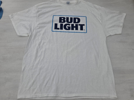Bud Light T-Shirt Sz 2XL Classic White Blue Crew Neck Tee Short Sleeve Beer Logo