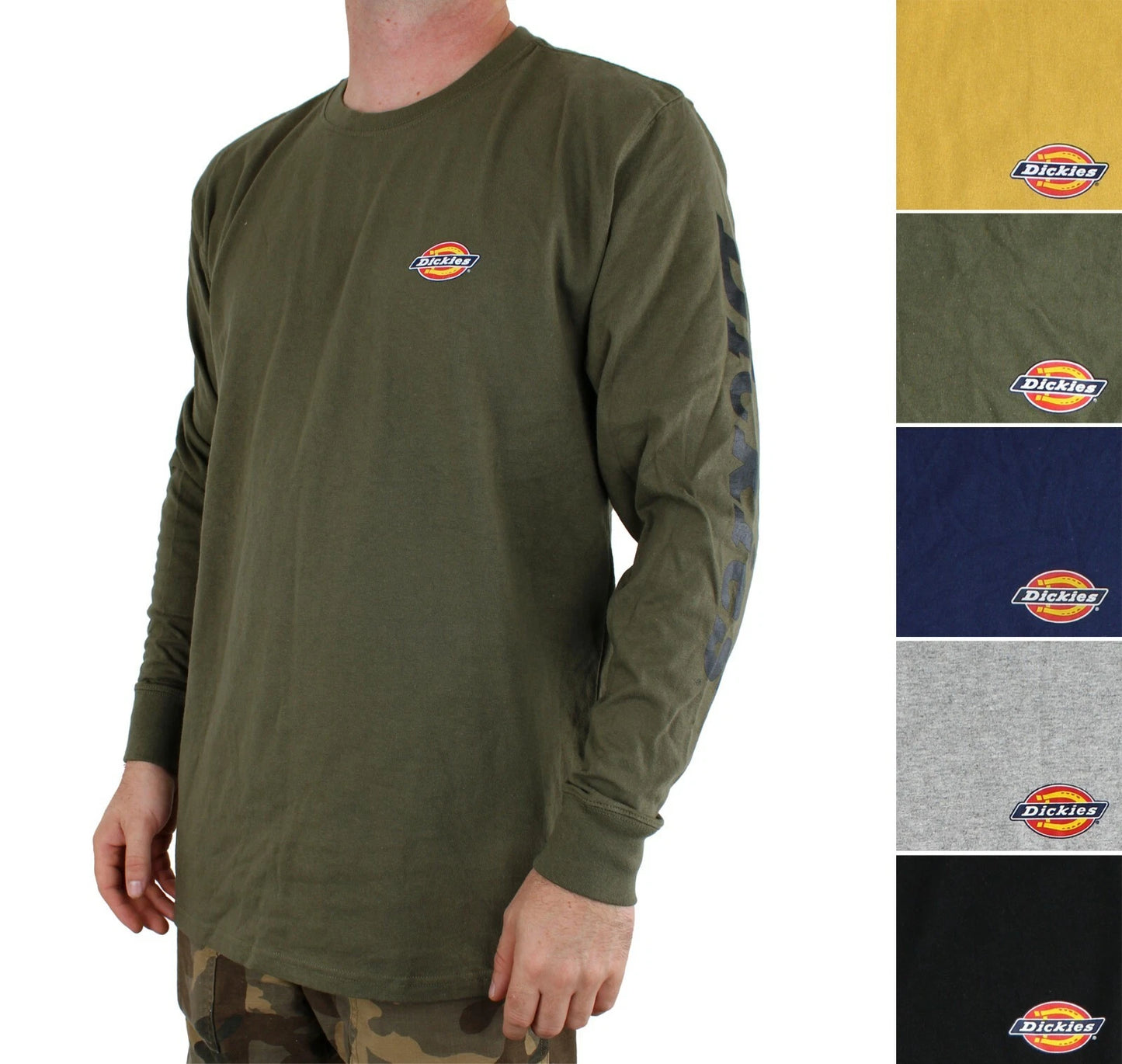 Dickies Men's T-Shirt Long Sleeve Logo Print Heavyweight Crew Neck 100% Cotton