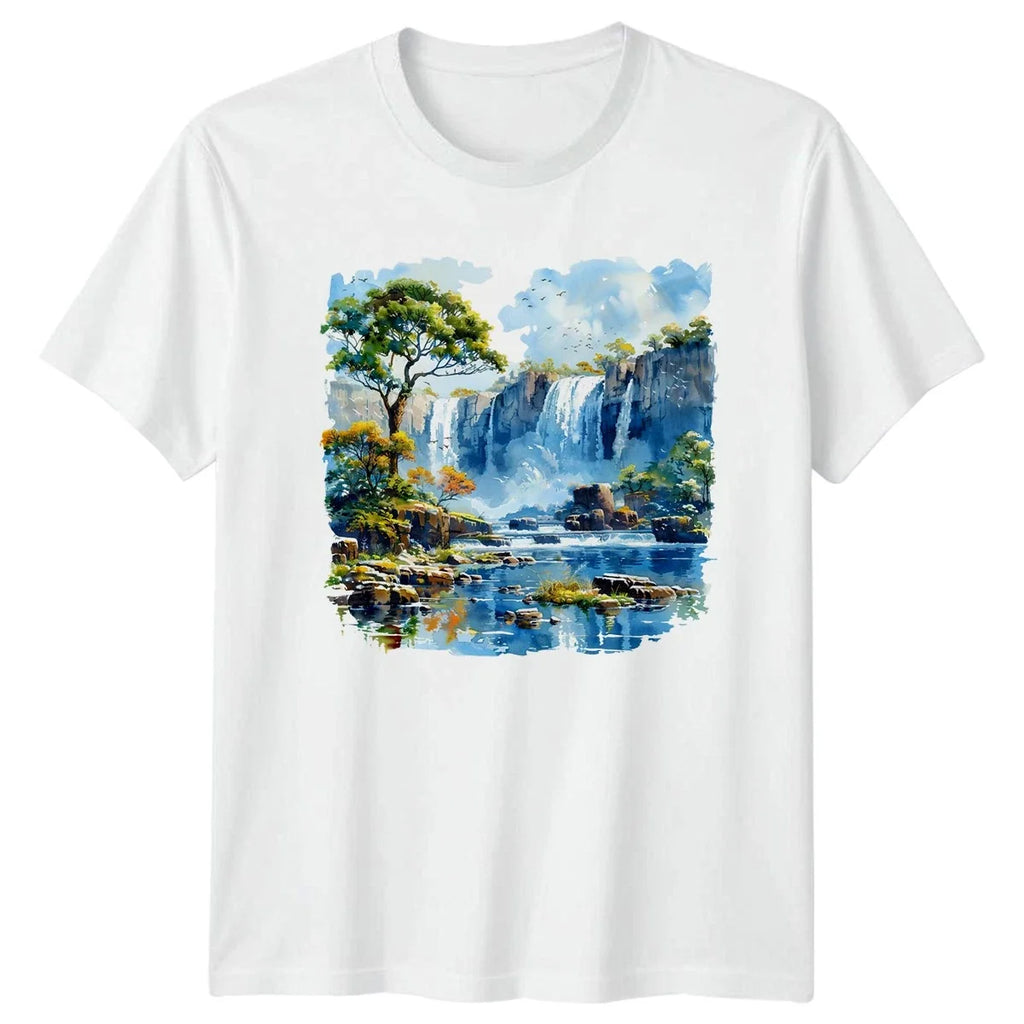 Watercolor Waterfall Landscape Nature Mens T-Shirt Womens Tee Graphic Unisex Top