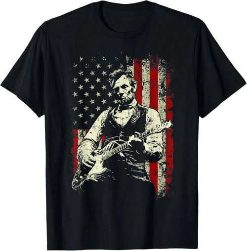 Abraham Lincoln Playing Guitar Rock and Roll American Flag T-Shirt