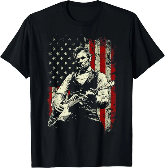 Abraham Lincoln Playing Guitar Rock and Roll American Flag T-Shirt