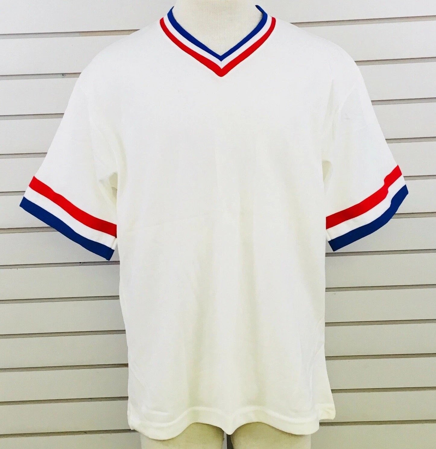 Vtg Mens L Sanjian Shirt V-Neck White Red Blue Polyester Trim Made in California