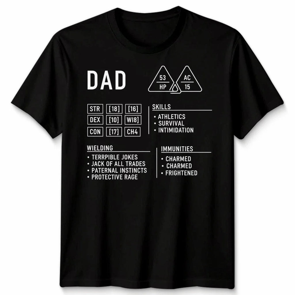 Dad Dungeons Mens T Shirt Dragons Character Sheet Fathers Day Gift DND RPG