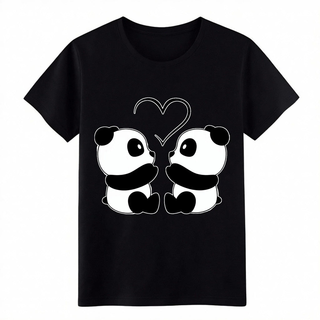 Cute Panda Couple Love Heart Animal Print Cotton T-Shirt