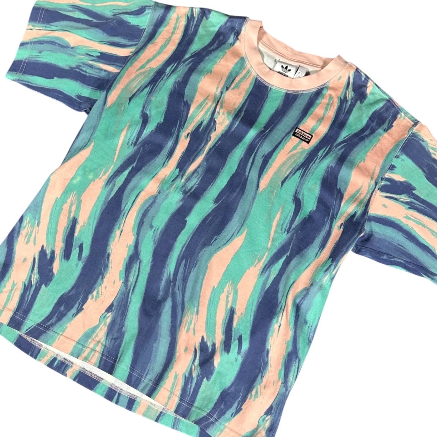 Adidas T-Shirt Mens Medium Teal Peach Abstract RYV Brushstroke Trefoil GN3319