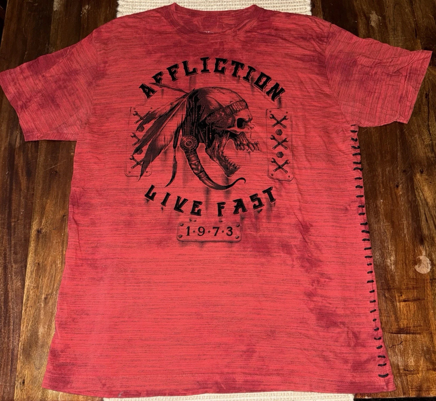 Affliction American Customs Live Fast 1973 Men's XL Red Skull Graphic SS Tee