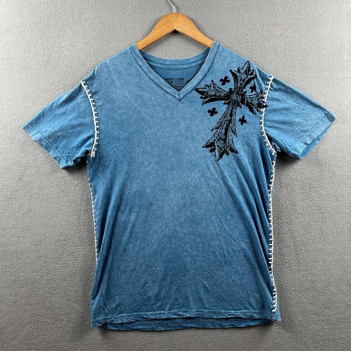 Raw State Shirt Mens XL Blue Felt Cross Angel Wings Grunge Vintage Y2K Gothic