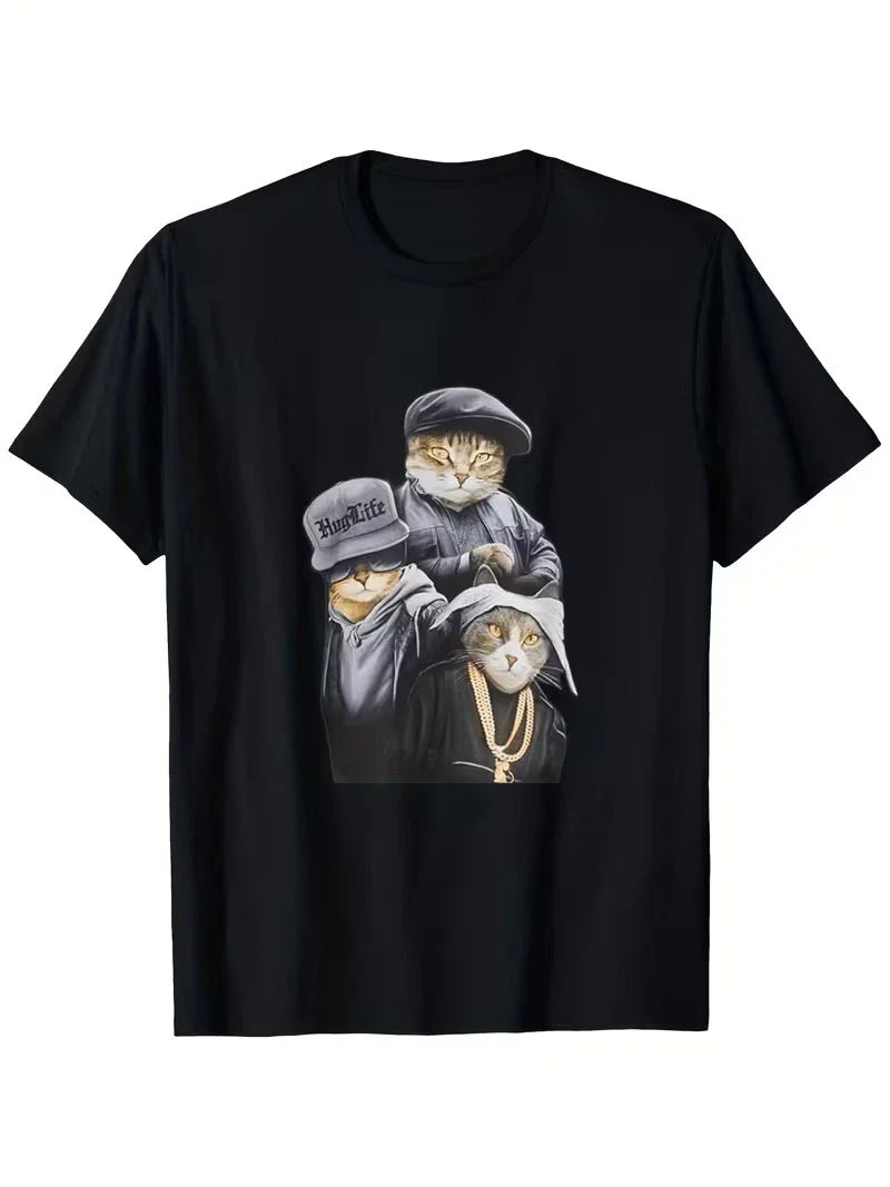 Men's 220g 100% Cotton T-Shirt - Funny Gangster Cat Trio Design with "Hugg Life"