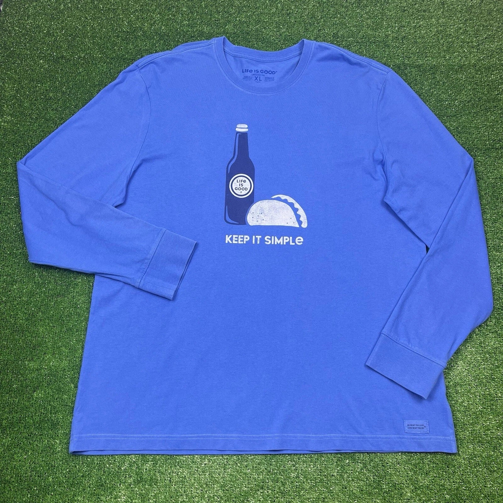 Life is Good Keep it Simple Tacos & Beer Long Sleeve Blue T-Shirt Men's XL 25x31